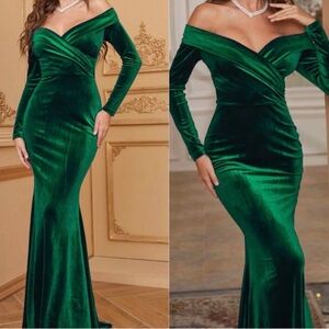 Luxe off shoulder velvet party formal wedding dresss